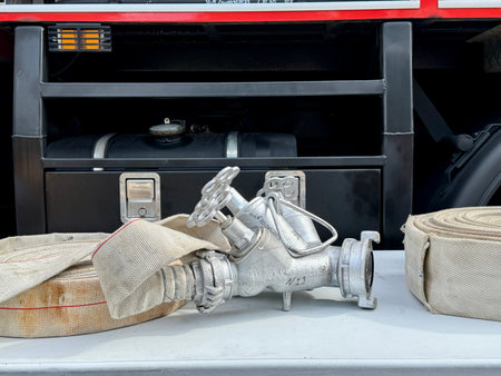 A water fire hose and coupling are lying on a firetruck. High quality photoの写真素材