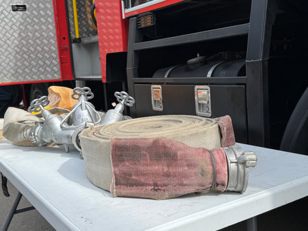 A water fire hose is lying on the lawn. High quality photoの写真素材