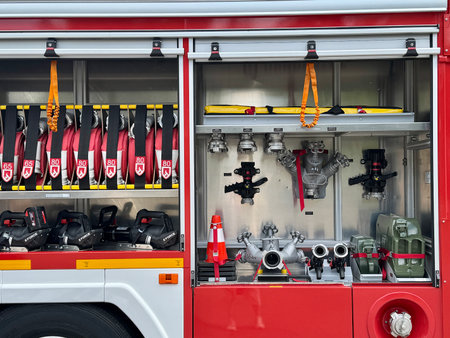 Fire technical armament of a fire truck. High quality photoの写真素材