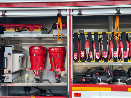 Fire technical armament of a fire truck. High quality photoの写真素材
