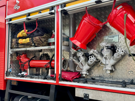 Fire technical armament of a fire truck. High quality photoの写真素材