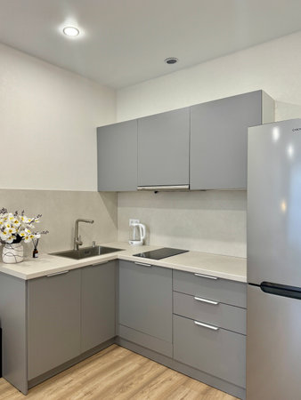 new stylish kitchen set in a modern apartment interior. High quality photoの写真素材