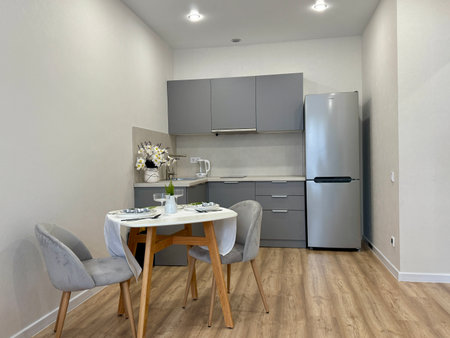 new stylish kitchen set in a modern apartment interior. High quality photoの写真素材