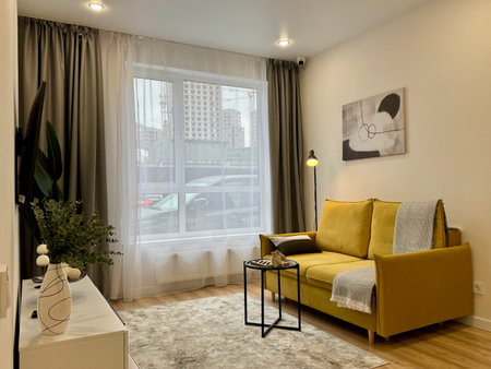 modern living room in a stylish interior of a new apartment with designer renovation. High quality photoの写真素材