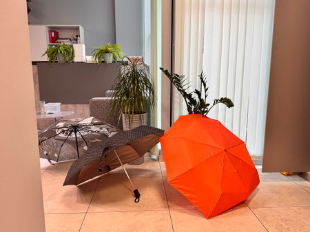 Orange umbrella and potted plants on the floor in a modern apartmentの写真素材