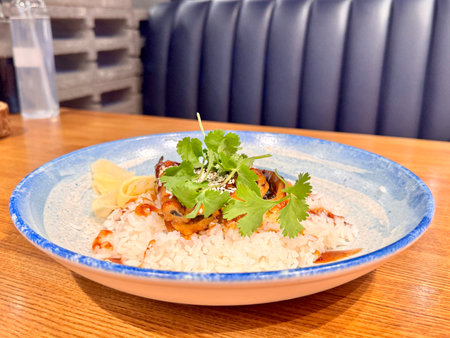 Juicy eel on rice in sweet and sour sauce in a restaurant. High quality photoの写真素材