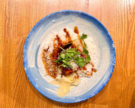 Juicy eel on rice in a restaurant. High quality photoの写真素材