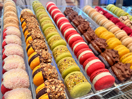 delicious dessert for tea colorful macaroons in the shop window. High quality photoの写真素材