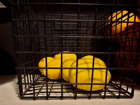 juicy yellow lemons are in a basket on the shelf. High quality photoの写真素材