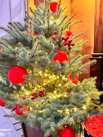 a Christmas tree decorated with Christmas balls and toys. High quality photoの写真素材