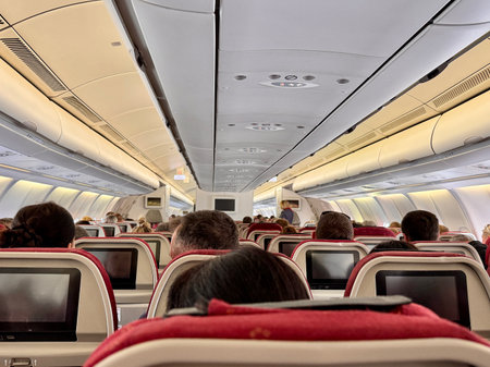 Passengers sitting on board the aircraft. High quality photoの写真素材