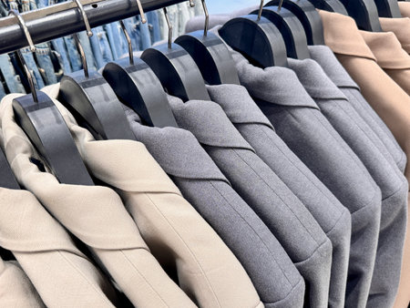 New stylish classic cut jackets in pastel shades are hanging on hangers in a clothing store. High quality photoの写真素材