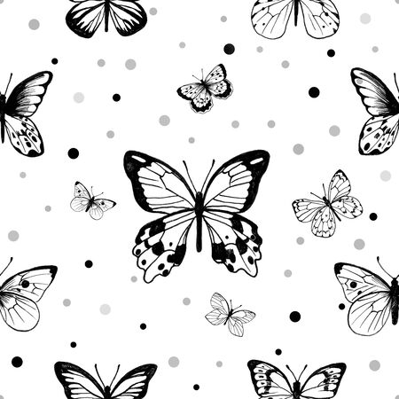 Butterflies. Vintage elegant black ink pattern. Delicate print design.の写真素材