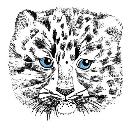 Portrait of a young Far Eastern leopard. Vector illustration with ink effect.の写真素材