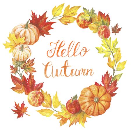 Festive wreath on the door. Pumpkins and maple leaves. Autumn holidays. Hand-drawn illustration in warm colors. Hello Autumn typographyの写真素材
