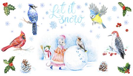 Christmas card set. Woodpecker bird on a snowy branch in the winter forest. Red cardinal, blue jay and tit bird. Isolated on a white background. The mouse sculpts a snowman. Let it snow lettering.の写真素材
