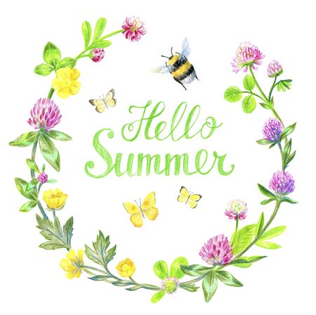 Wedding invitation design. Floral wreath. Clover, buttercups, meadow flowers. Bumblebee, butterflies fly. Lettering Hello Summer.の写真素材