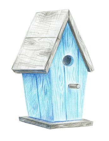 Blue wooden birdhouse isolated on white background. Vintage easter card.の写真素材