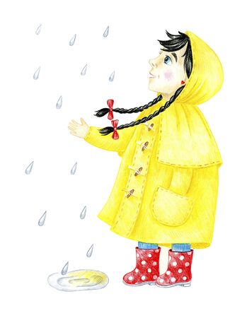 A little girl in a yellow raincoat and red polka-dot rubber boots walks in the rain. Pencil sketch.の写真素材