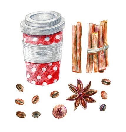 Set for the design of coffee products. A bunch of cinnamon sticks, anise, paper cup, grains. Pencil sketch isolated on white background.の写真素材