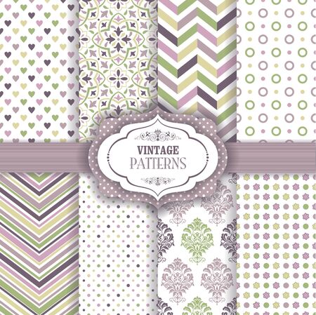 Set of seamless background of green and violet color in the style of vintageのイラスト素材
