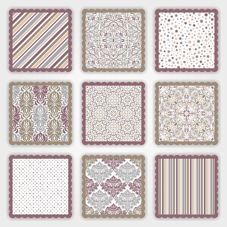 Set of seamless background of green and violet color in the style of vintageのイラスト素材