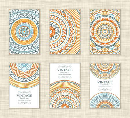 Set of vintage Wedding Invitation card with Mandala pattern and in green, blue and red color.のイラスト素材