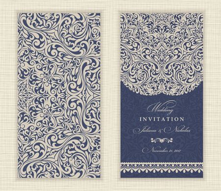 Set of vintage Wedding Invitation card with Mandala pattern. The front and rear side. Beautiful Victorian ornament. Frame with floral elements. Vector illustration.のイラスト素材