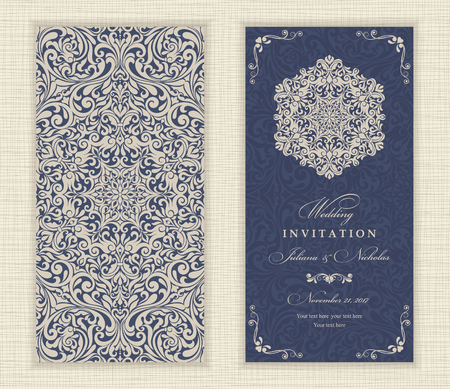 Set of vintage Wedding Invitation card with Mandala pattern. The front and rear side. Beautiful Victorian ornament. Frame with floral elements. Vector illustration.のイラスト素材