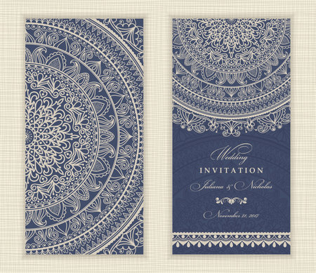 Set of vintage Wedding Invitation card with Mandala pattern. The front and rear side. Beautiful Victorian ornament. Frame with floral elements. Vector illustration.のイラスト素材