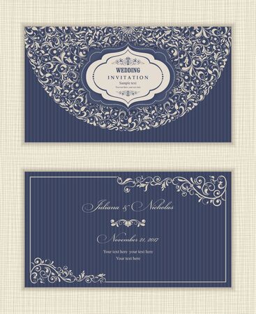 Set of vintage Wedding Invitation card with Mandala pattern. The front and rear side. Beautiful Victorian ornament. Frame with floral elements. Vector illustration.のイラスト素材