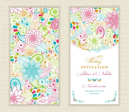 Wedding invitation card ethnic style. The front and rear side. Summer pattern of flowers and leaves. Vector illustration.のイラスト素材