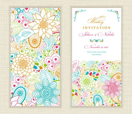 Wedding invitation card ethnic style. The front and rear side. Summer pattern of flowers and leaves. Vector illustration.のイラスト素材