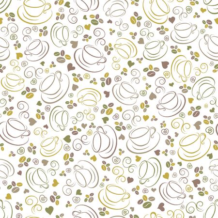 Seamless background with cups and coffee beans. Food and drink pattern. Vector illustration. Wallpaper, print packaging, textiles.のイラスト素材