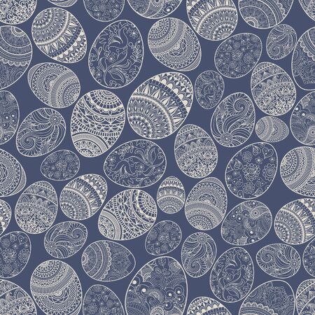 Happy Easter background seamless pattern with eggs hand drawn blue and beige with ornaments of flowers.のイラスト素材