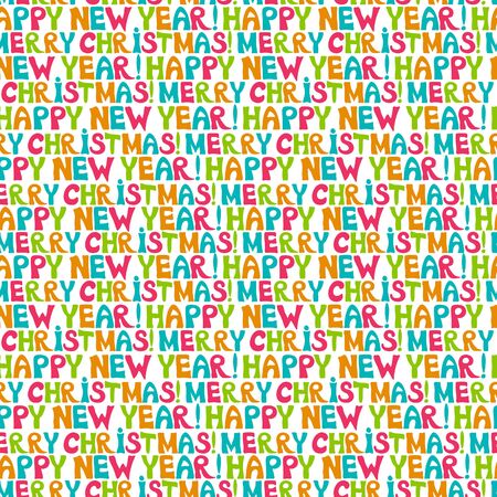 Seamless background with a print "Merry Christmas and Happy New Year". Pattern with letters. Use for wallpaper, printing on the packaging paper, textiles. Vector illustration.のイラスト素材