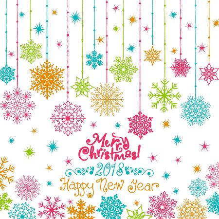 Invitation New Years Christmas Card. Snowflakes, stars, bright glare on the postcard. Vector illustration.のイラスト素材