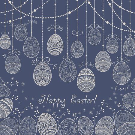 Invitation Happy Easter background pattern with eggs hand drawn blue, beige with ornaments of flowers, leaves and Mandala elements. Vector illustration.のイラスト素材