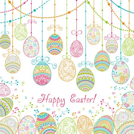 Invitation Happy Easter background pattern with eggs hand drawn blue, green, red with ornaments of flowers, leaves and Mandala elements. Vector illustration.のイラスト素材