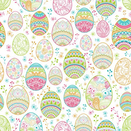 Seamless background Happy Easter pattern with eggs hand drawn blue, green, red, orange with ornaments of flowers, leaves and Mandala elements. Vector illustration.のイラスト素材