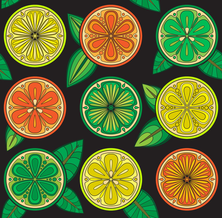 Seamless pattern of oranges, lemons and limes. Citrus slices in the vector.のイラスト素材