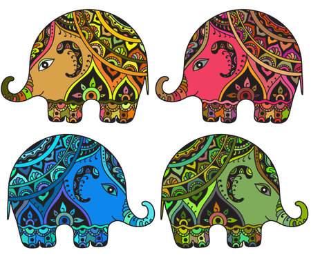 Stylized fantasy patterned elephants in Indian style. Hand drawn vector illustration with decorative elements. Original hand drawn elephants.のイラスト素材