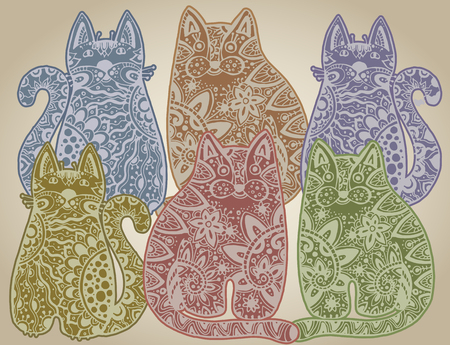 Vector funny cats with floral ornamentのイラスト素材