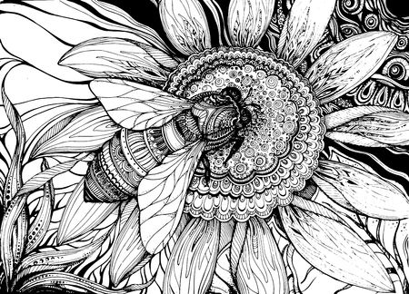 Beautiful vector background with graphic bee on flower with a lot of details Beautiful vector background with graphic bee on flower with a lot of details