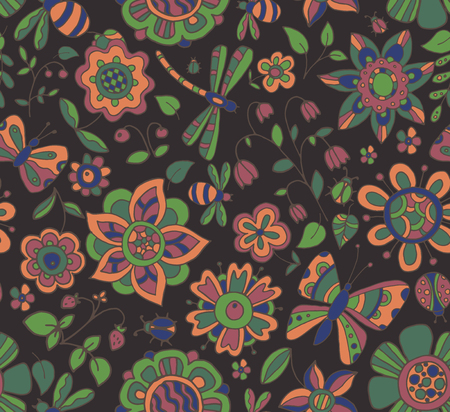 Vector seamless pattern with beautiful colorful flowers, dragonfly, butterfly, beetles and berriesのイラスト素材