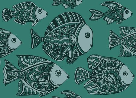Colorful seamless pattern of a lot of beautiful decorative ornamental fishesのイラスト素材