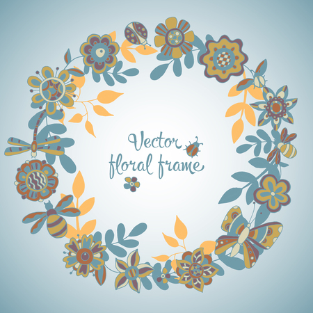 Beautiful greeting card with floral wreath. Bright illustration, can be used as creating card, invitation card for wedding,birthday and other holiday and cute summer background.のイラスト素材