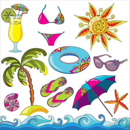 Summer holidays seaside beach icons set. Iisolated vector illustrationsのイラスト素材