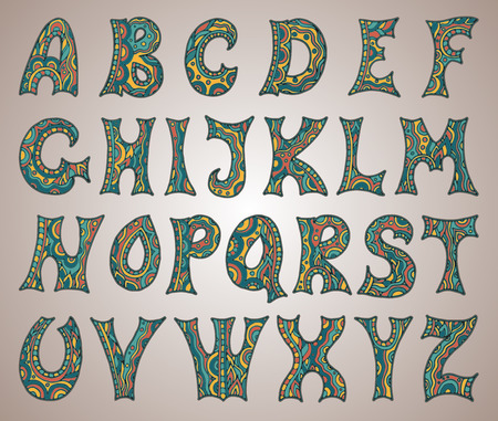 Fantasy hand drawn font. Vector letters set. Collection ornamental Alphabetのイラスト素材