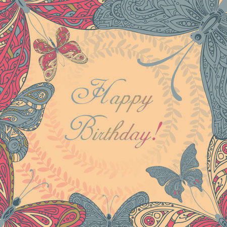 Vector frame with ornamental butterflies. Summer background for your text in vintage style.のイラスト素材